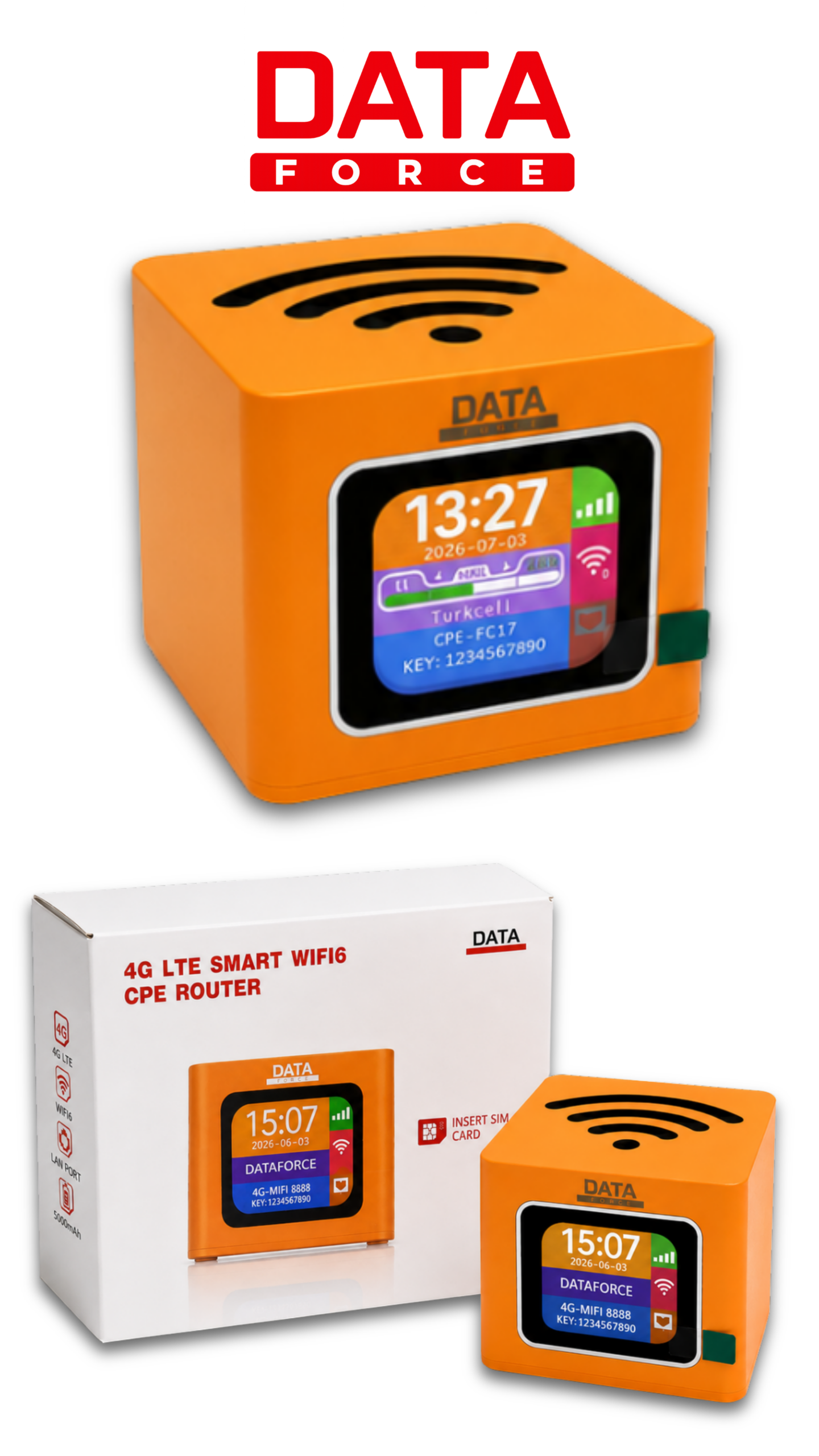 DataForce Q51 4G LTE Wi-Fi 6 taşınabilir küp router kutulu ürün görseli
